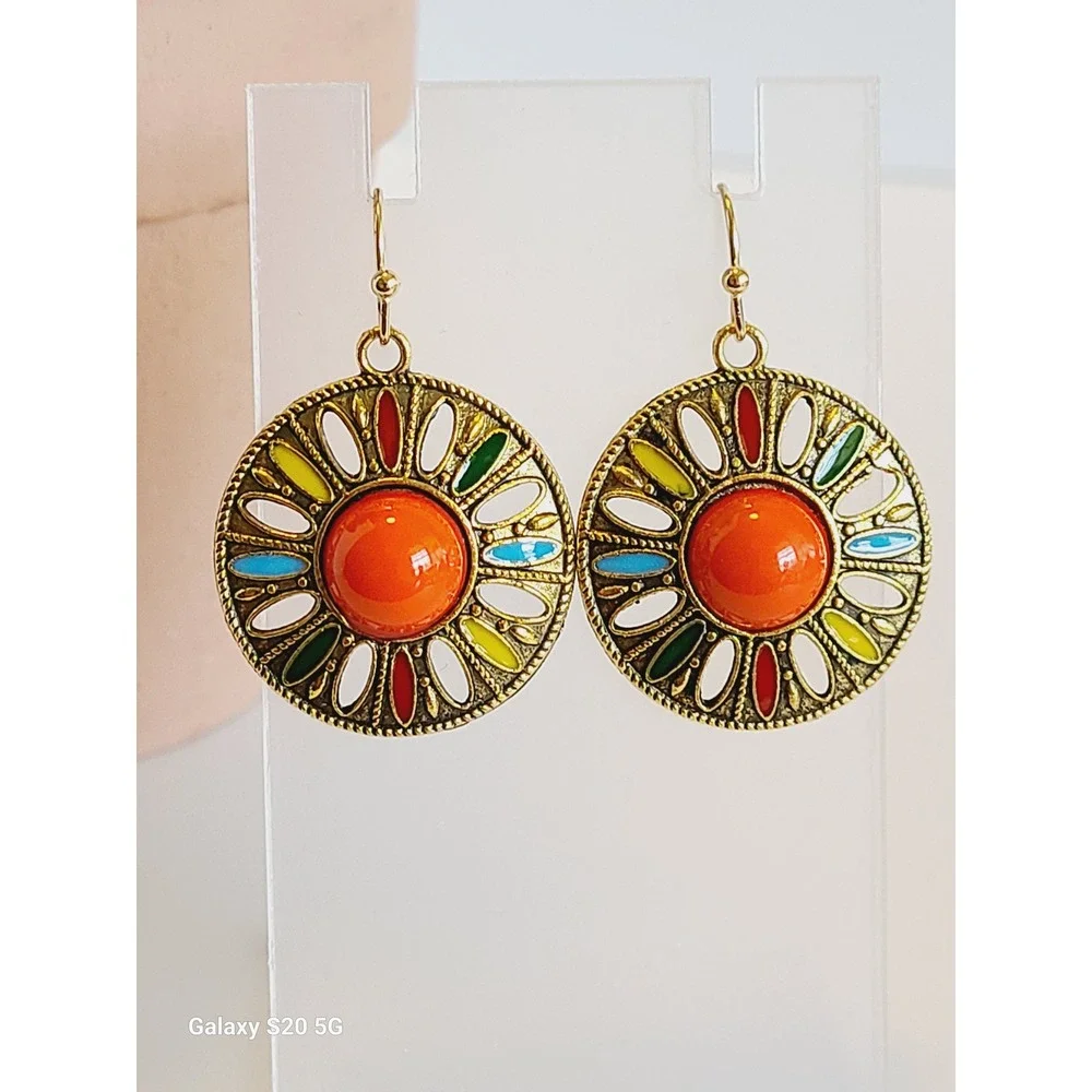Gold Tone‎ Multi Color Enamel Sunburst Boho Drop Earrings Orange Cabochon Round
